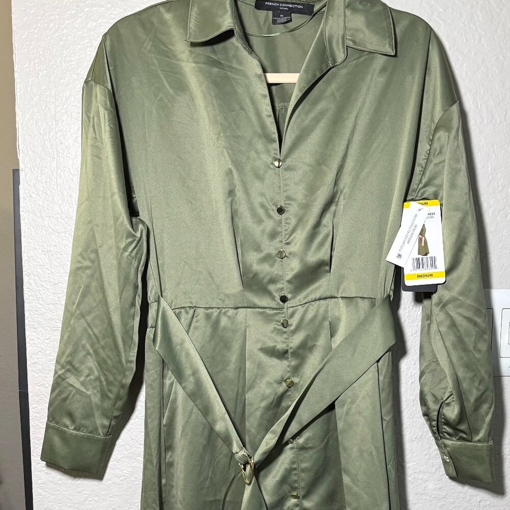 French Connection Deep Green Faux Silk Collared Button Up Belted Dress